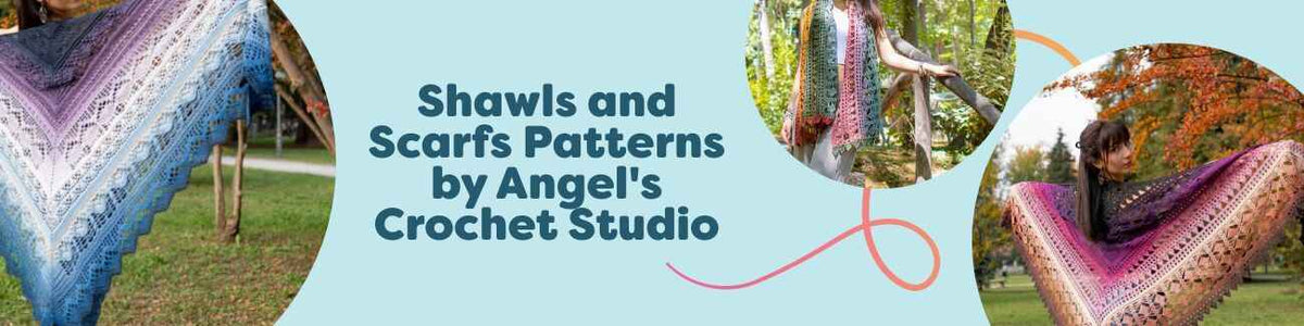 A curated selection of crochet shawls and scarves from Angel's Crochet Studio, featuring lace textures and gradient yarns, photographed with Hobbii yarn.