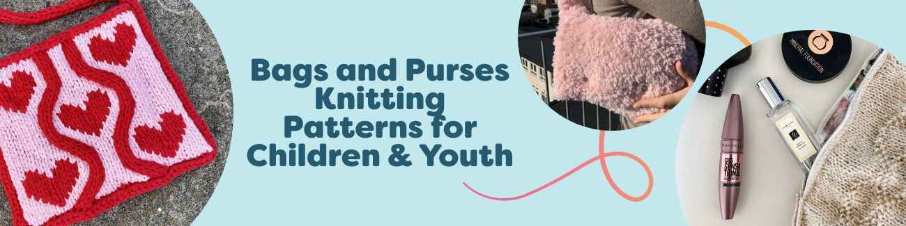 Assorted children’s and youth knitted bags and purses, including a felted purse and small beach bag, styled in bright, playful colors.