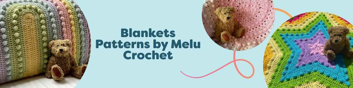 Colorful collage of Melu Crochet blanket patterns—hearts, rainbows, windmill and star motifs—styled with Hobbii yarn skeins.