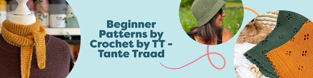 Beginner-friendly crochet projects by Crochet by TT - Tante Traad: simple scarf, bucket hat, baby blanket, wrist warmers, and bag made with Hobbii yarns.
