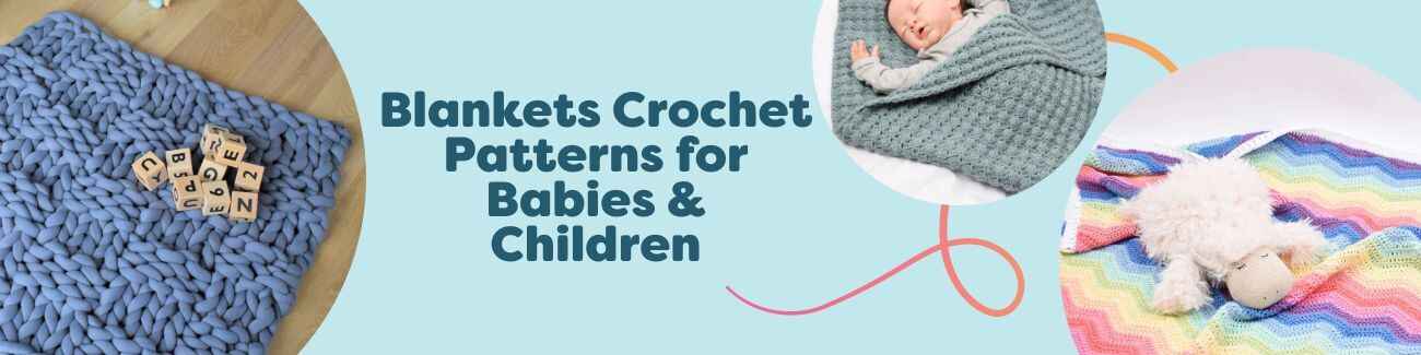 Assortment of free baby and kids blanket crochet patterns from Hobbii — rainbow stripes, cozy pram throws, and soft nursery afghans.