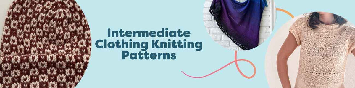 Selection of intermediate clothing knitting patterns from Hobbii—beanies, T-shirts, sweaters, and shawls—styled with yarn and needles.