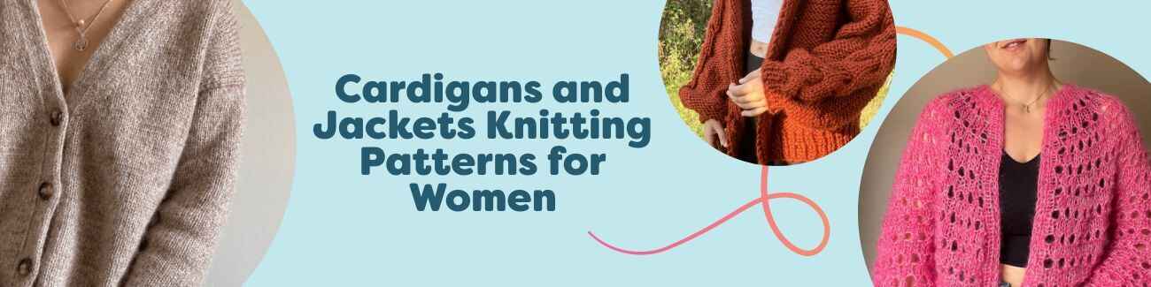 Women’s knitted cardigans and jacket-style sweaters on models in varied colors and textures, showcasing Hobbii patterns and soft yarns.