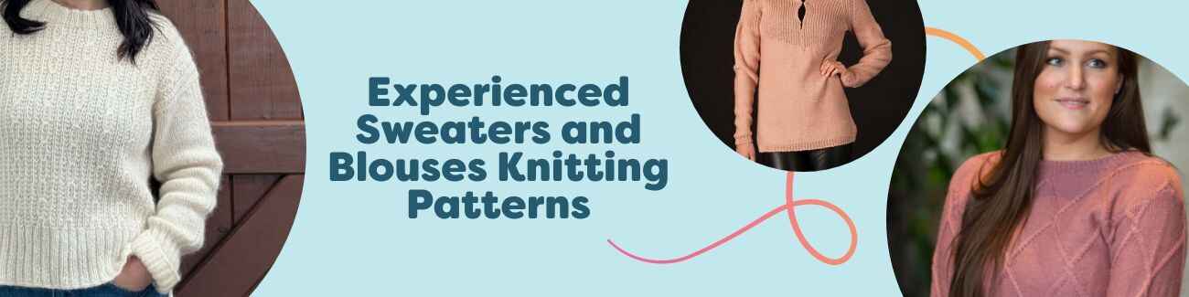 Collage of free advanced sweater and blouse knitting patterns by Hobbii, showing cables, lace, and colorwork in cozy yarns.