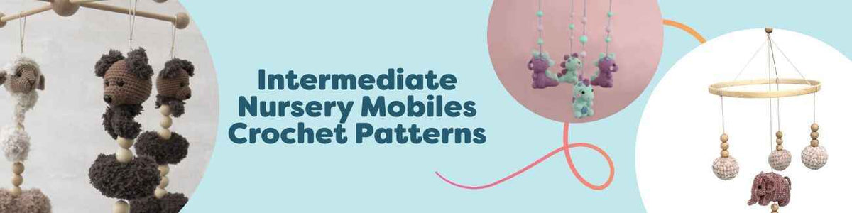 Four intermediate-level crochet patterns for nursery mobiles featuring dinosaurs, elephants, hearts, and teddy bear motifs from Hobbii.