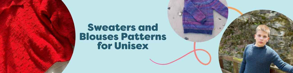A selection of unisex knit and crochet patterns for sweaters, blouses, and pullovers from Hobbii, shown on diverse models in various stitches and yarn colors.