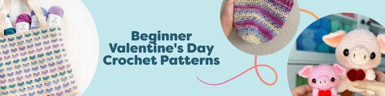 A grid of beginner Valentine's Day crochet patterns from Hobbii: a heart bag, hand-holding mittens, a love pillow, heart coasters, and a pink piglet amigurumi styled with red and pink yarn.