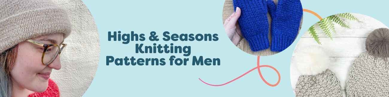 Men's knitted hats and mittens from Hobbii’s Highs & Seasons collection laid flat, showing ribbed and chunky textures in cozy yarns.