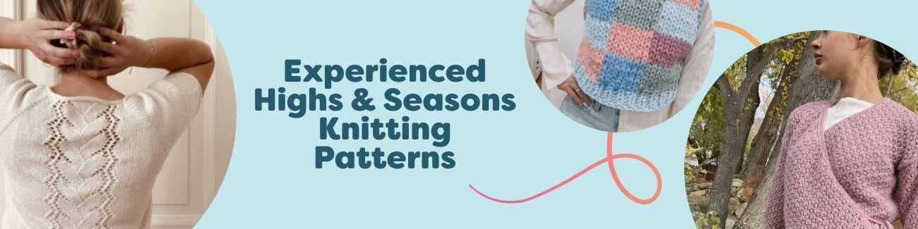 Collection image showing advanced knitting patterns from Hobbii's Highs & Seasons: sweaters, tees, vests, and cardigans in seasonal colors.
