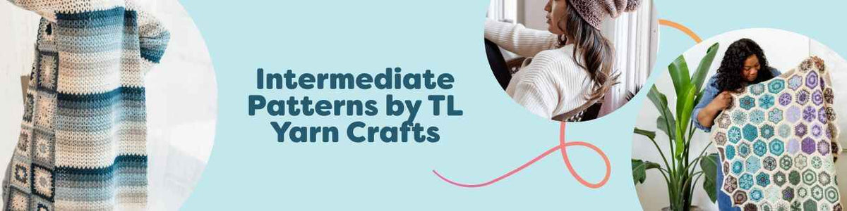 Selection of TL Yarn Crafts intermediate crochet patterns at Hobbii—cardigan, beanie, motif lapghan, tea towel, and kerchief in soft yarns.