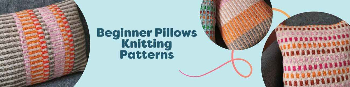Assortment of beginner-friendly knitted pillow covers from Hobbii, showing textured, striped, and solid cushions in soft neutrals—ideal for first-time knitters.
