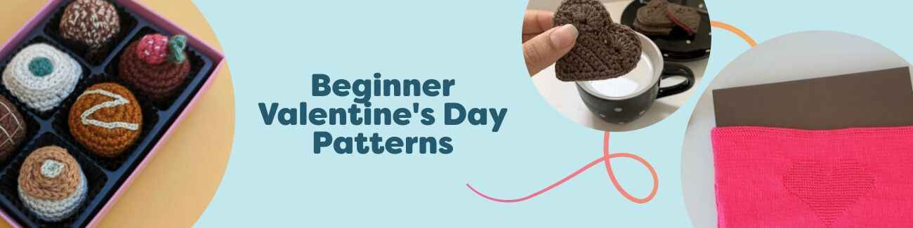 Flat lay grid of five free beginner Valentine's Day crochet and knit patterns from Hobbii: filled chocolates, cookie plush, laptop sleeve, heart baskets, and a rose in red and pink yarns.