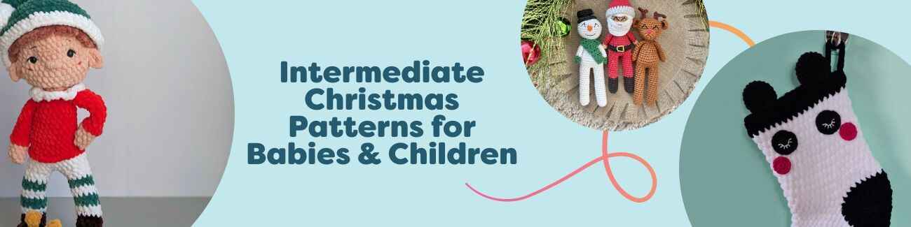 Image showing free intermediate Christmas crochet and knitting patterns for babies and children, including stockings, soft toys, hats, and doll outfits from Hobbii.
