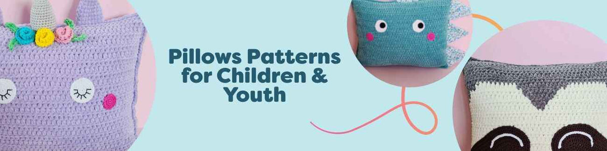 Group of colorful kids pillows: unicorn, dinosaur, sloth, kawaii cloud, and ice cream, crocheted in soft yarns and styled in a child's room.