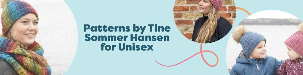 Assortment of unisex knit and crochet hat patterns by Tine Sommer Hansen for Hobbii, showing clean designs suited to all genders.