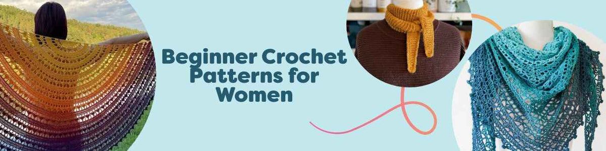 Collage of women's beginner crochet patterns from Hobbii: shawls, scarves, a bucket hat, and a bag made with soft, colorful yarns.
