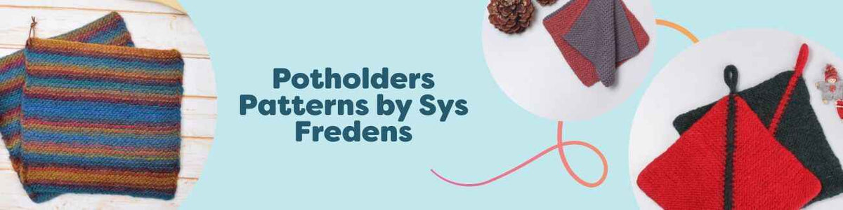 Free crochet potholder patterns by Sys Fredens from Hobbii—multi-color, edged, and felted Christmas potholders styled in a cozy kitchen scene.