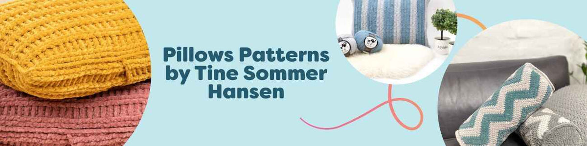 Modern pillow patterns by Tine Sommer Hansen for Hobbii, featuring crocheted and knitted cushions in various shapes, textures, and colors on a sofa.