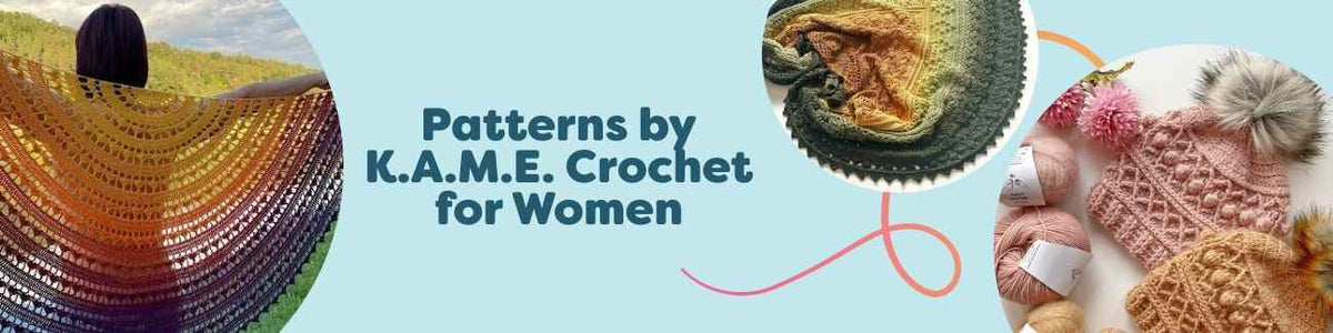 Collage of women's crochet shawls and a beanie from K.A.M.E. Crochet patterns by Hobbii, showing textured stitches, lace details, and soft, drapey yarns.