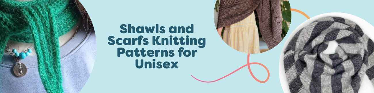Unisex knit shawls, scarves, cowls, and wraps in mixed colors on models, highlighting cozy textures, cables, and simple stitches.