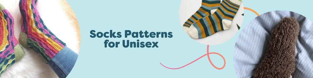Collection of unisex knit and crochet socks and slippers in assorted colors and textures, styled with Hobbii yarn skeins, needles, and hooks.