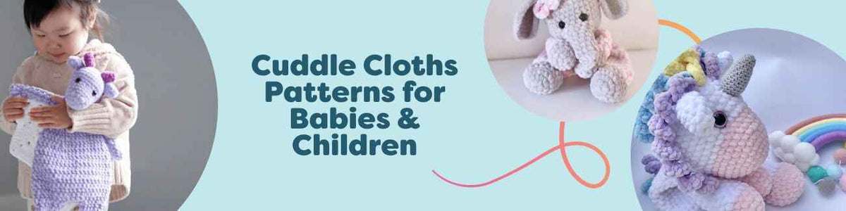Assorted cuddle cloth and lovey crochet patterns for babies—dragon, unicorn, elephant, and bunny comforters in soft pastel yarns on a neutral background.