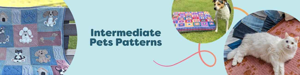 Intermediate pet patterns from Hobbii showing dog sweater, blanket, bed, and neckerchief projects for crochet and knitting with coordinating yarn.