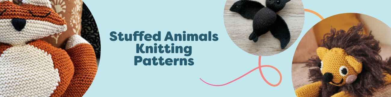 Assorted knitted stuffed animal patterns from Hobbii, including teddy bears, foxes, bats, and soft toy chickens, shown with matching yarn and tools.