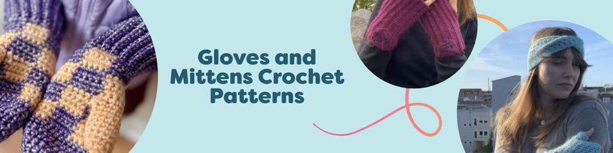 Collection of free crochet patterns from Hobbii featuring gloves, mittens, and wrist warmers in assorted colors and textures, suitable for beginner to intermediate crocheters.