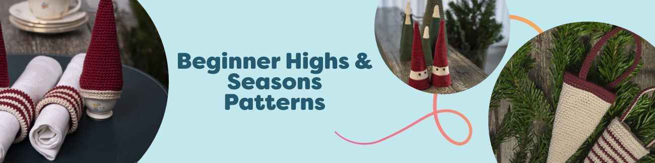 Hero image showing free beginner-friendly seasonal knitting and crochet projects from Hobbii: Christmas ornaments, a snowman, and cozy mittens on a winter backdrop.