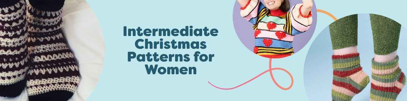 Women’s holiday sweaters and socks from free intermediate Christmas knitting and crochet patterns by Hobbii.
