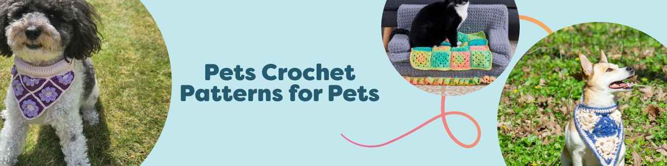 Dog wearing a crocheted bandana and jumper beside a cat lounging on a crocheted kitty couch near a cat house, with colorful Hobbii yarn in the background.