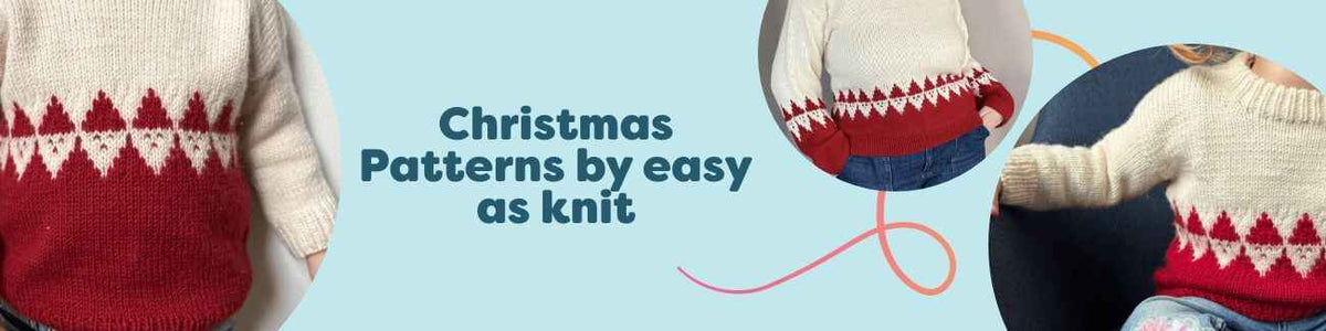 Matching Santa-themed knit sweaters and slipovers for women, juniors, and babies, styled with red-and-white holiday yarn from Hobbii.