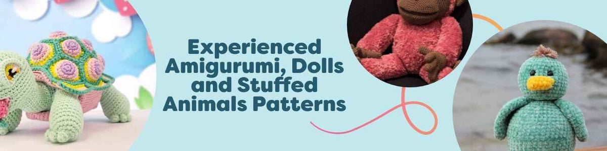 Selection of intermediate amigurumi crochet patterns for dolls, bunnies, bears, and a tortoise, shown with yarn and hooks from Hobbii.