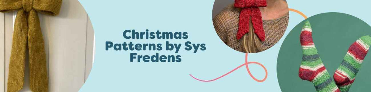 Christmas knitting and crochet patterns by Sys Fredens: bows, festive socks, and a holiday hat styled with Hobbii yarns.