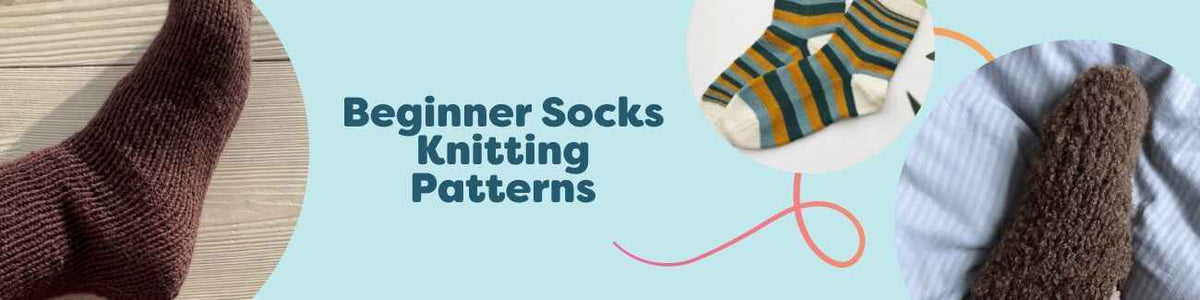 Assorted beginner sock knitting patterns from Hobbii—ruffle, striped, and colorblock socks displayed with soft yarn skeins and needles.
