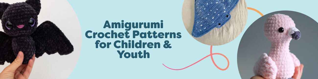 Assorted amigurumi crochet patterns for children and youth displayed with Hobbii yarn; cute plush animals like a bat, elephant, stingray, flamingo, and spider.