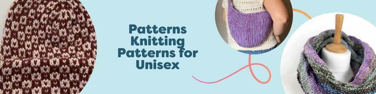 Unisex knitting patterns by Hobbii: beanies, scarves, a snood, and a simple bag in neutral tones, styled for adults and teens.