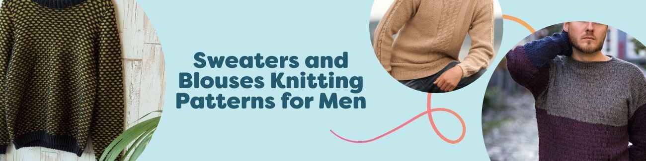 Selection of free men's knitted sweaters and blouses from Hobbii—cables, colorwork, and textured stitches in neutral and bold tones, sizes S–XXL.