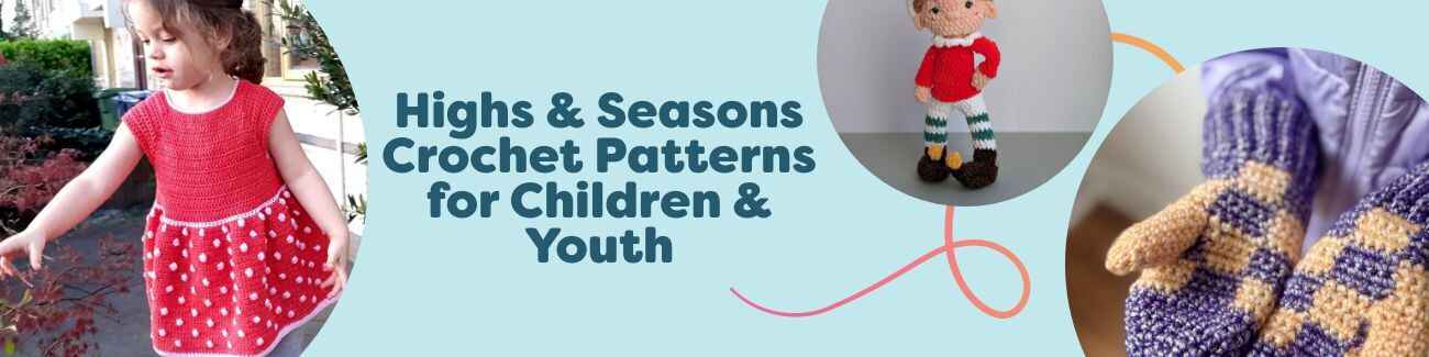 Collage of free crochet patterns for children and youth from Hobbii: kids’ beanies, mittens, a strawberry dress, and an elf-themed project in colorful yarns.