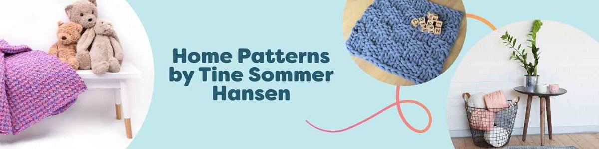 Assorted home crochet patterns by Tine Sommer Hansen at Hobbii, featuring rugs, pillows, and blankets in modern Scandinavian style.