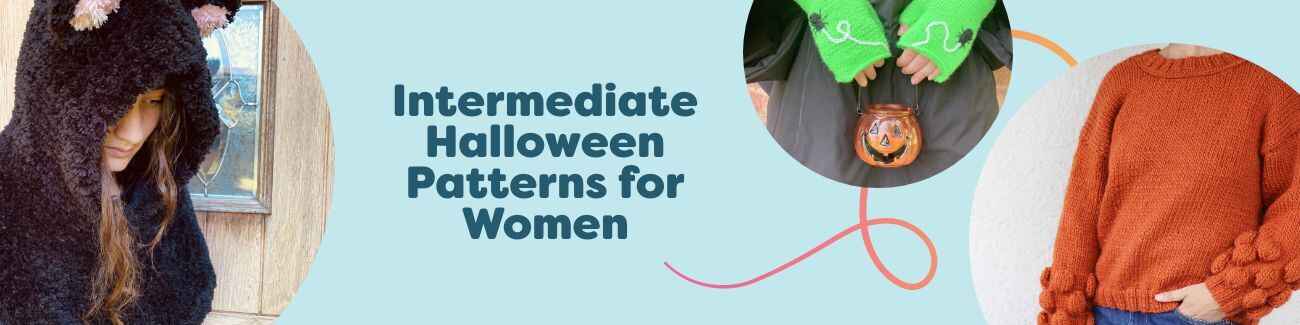 Women’s Halloween makes: hooded cat cape, spider mitts, and sweater—free intermediate crochet and knit patterns by Hobbii.