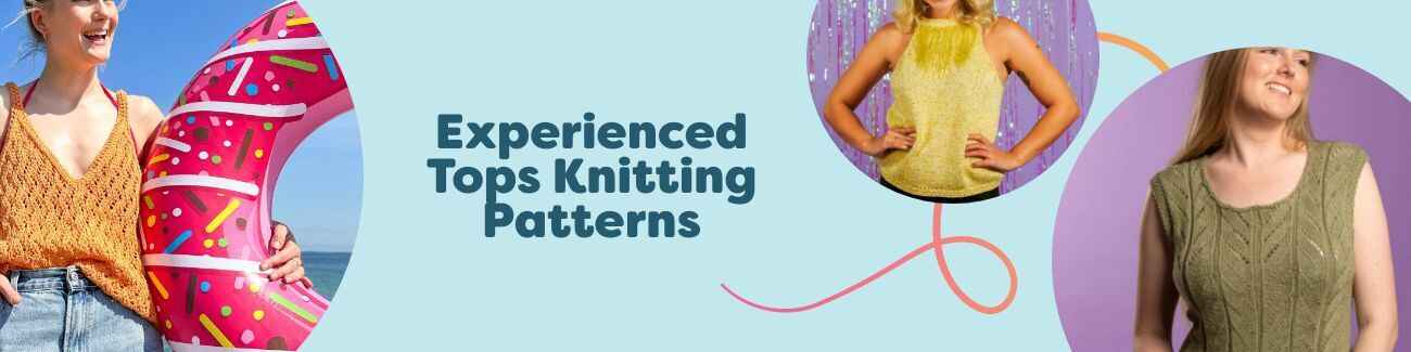Selection of free experienced knit top patterns from Hobbii, featuring lace and textured summer tanks and tees in lightweight bamboo yarns.