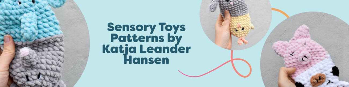 Collection of reversible sensory toy crochet patterns by Katja Leander Hansen, featuring intermediate-level elephant–mouse, bunny–chicken, cow–pig, and penguin–polar bear designs.