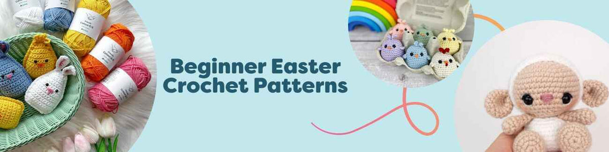 Beginner Easter crochet patterns from Hobbii featuring cute bunnies, chicks, lambs, and egg decor made with soft pastel yarn.