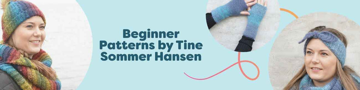 Collection image of beginner-friendly knit and crochet patterns by Tine Sommer Hansen for Hobbii, featuring projects like Winter Wind scarf, headband, wrist warmers, and hats.