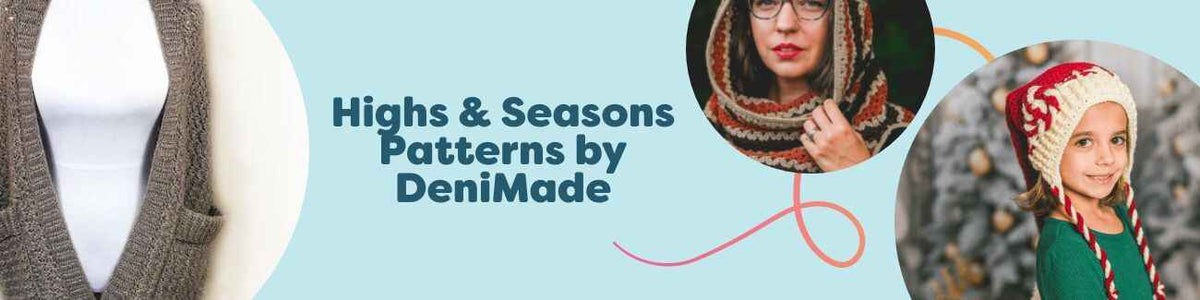 Collage of five DeniMade crochet patterns: pocket shawl, snood, two holiday hats, and bucket hat, from the Highs & Seasons collection at Hobbii.