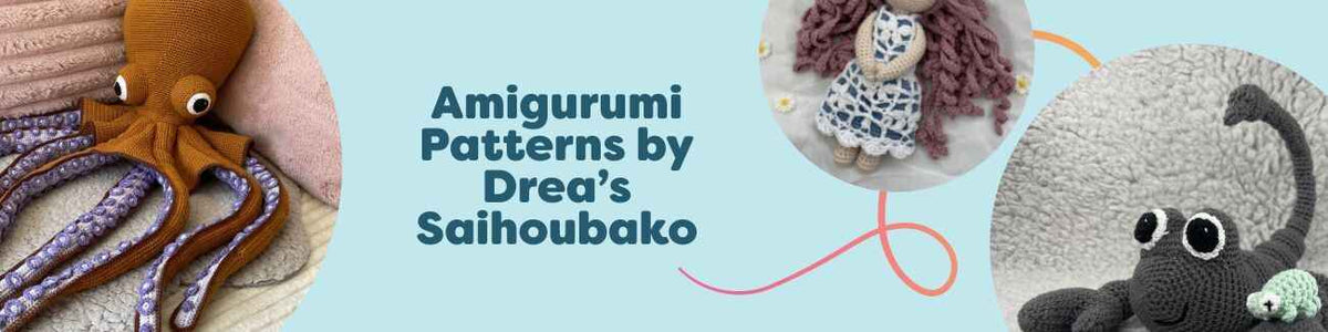 Collage of amigurumi crochet patterns by Drea’s Saihoubako, featuring zodiac characters, Ole the Octopus, and plush toys made with Hobbii yarn.