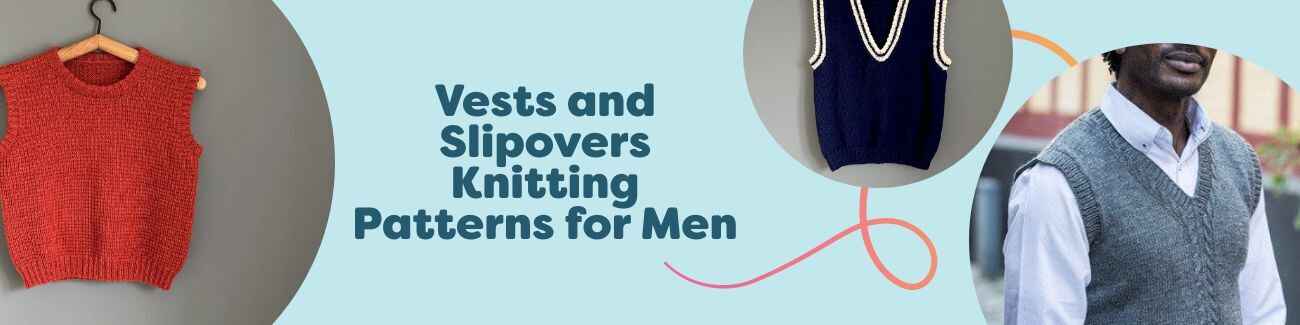 Men wearing knitted vests and slipovers in different textures and colors; PDF knitting patterns by Hobbii.