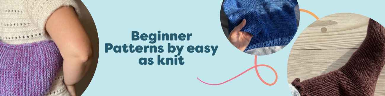 Collage of beginner-friendly knitting and crochet patterns by easy as knit at Hobbii—baby sweaters, ruffle socks, a tote bag, and a spring scarf.